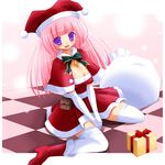  bad_id bad_pixiv_id bell blush boots bow breasts capelet christmas cleavage dress gift hat jester_cap kay_(utd) large_breasts long_hair original pink_hair purple_eyes red_capelet sack santa_costume solo thighhighs zettai_ryouiki 