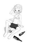  barefoot bike_shorts bra drunk erica_hartmann feet greyscale hamao lingerie monochrome object_on_head panties panties_on_head salute solo strike_witches underwear world_witches_series 