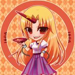  alcohol bad_id bad_pixiv_id banned_artist blonde_hair chibi cup horn hoshiguma_yuugi long_hair red_eyes sakazuki sake solo touhou yuuka_nonoko 