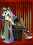 1girl chair hair_grab hatsune_miku highres hug kaito long_hair purple_scarf scarf skirt thighhighs tonoto twintails very_long_hair vocaloid 