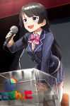  1girl :d black_hair blazer blue_eyes blue_skirt bow braid chair curtains highres holding holding_microphone indoors jacket leaning_forward long_hair looking_afar microphone microphone_stand nijisanji open_mouth pink_bow pink_neckwear plaid plaid_skirt podium randle school_uniform skirt smile solo standing thighhighs transparent tsukino_mito very_long_hair virtual_youtuber white_legwear 