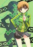  brown_eyes brown_hair contrapposto grey_skirt highres jacket long_sleeves looking_at_viewer miniskirt nagy no_panties persona persona_4 plaid plaid_skirt satonaka_chie short_hair skirt solo standing track_jacket 