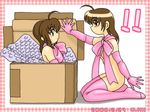  2girls bow box brown_eyes brown_hair bubble_wrap elbow_gloves gloves multiple_girls ribbon sweatdrop thighhighs 