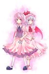  bat_wings between_fingers blue_eyes blue_hair hairband hat izayoi_sakuya knife mihiin multiple_girls red_eyes remilia_scarlet ribbon short_hair silver_hair touhou wings 