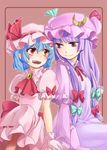  blue_hair eye_contact fangs gloves hat holding_hands long_hair looking_at_another matilda multiple_girls patchouli_knowledge pointy_ears purple_eyes purple_hair red_eyes remilia_scarlet ribbon short_hair smile touhou 