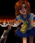  artist_request black_background blood brown_hair candle hatchet higurashi_no_naku_koro_ni horror_(theme) necktie oriental_hatchet oyashiro ryuuguu_rena school_uniform skirt solo source_request 