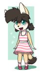  2018 aggie_(artist) anthro boots brown_hair canid canine clothed clothing cub cute_fangs digital_media_(artwork) dress female fennec footprint footwear fox freckles fur green_eyes hair inner_ear_fluff kaelie legwear mammal open_mouth pawprint pigtails shirt simple_background smile socks solo standing teeth young 