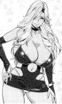  1girl animal_print breasts bursting_breasts choker cleavage cross cross_necklace curly_hair curvy dark_skin gal_ane_shachou_to_harem_ganguro_~sex_wa_gyoumu_ni_fukumimasu_ka? ganguro hair_over_one_eye hand_on_hip highres huge_breasts impossible_clothes jewelry leopard_print looking_at_viewer microskirt minidress miniskirt navel necklace original panties pantyshot pantyshot_(standing) revealing_clothes skirt smile solo standing tatsunami_youtoku underwear white_panties 