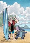  2017 4_arms 4_fingers 5_fingers 5_toes alien antennae back_spines barefoot beach black_eyes blue_fur blue_nose chest_tuft claws clothing crossover disney eregyrn experiment_(species) eyewear fur gravity_falls grey_hair hair hawaiian_shirt head_tuft human lilo_and_stitch mammal multi_arm multi_limb notched_ear outside palm_tree pointing seaside shirt smile standing stanley_pines stitch sunglasses surfboard toe_claws toes tree tropical tuft wetsuit 