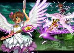  blush bow brown_hair cardcaptor_sakura choker crossover dress garters green_eyes hoshi_no_tsue kinomoto_sakura lyrical_nanoha magical_battle_arena magical_girl mahou_shoujo_lyrical_nanoha mahou_shoujo_lyrical_nanoha_a's multiple_girls mutsuki_(moonknives) night pink_bow pink_choker purple_eyes raising_heart staff star star_choker takamachi_nanoha twintails wings 