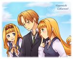  2girls blonde_hair blue_eyes crea_rosenqueen formal green_eyes happy kururu_(little_princess) little_princess long_hair lowres male_focus marl_kingdom multiple_girls necktie randy_(little_princess) rhapsody school_uniform short_hair smile suit tsuyuka_(sunny_spot) 