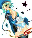  ass ayakichi back bad_id bad_pixiv_id beret blazblue blue_eyes covering covering_ass detached_sleeves embarrassed gloves hat highres looking_back multicolored_hair noel_vermillion panties pantyshot partially_visible_vulva short_hair solo star striped striped_panties thighhighs underwear 