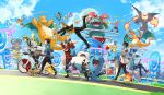  3boys 3girls absurdres aerodactyl androgynous backpack bag baseball_cap bicycle bicycle_helmet blanche_(pokemon) blastoise blonde_hair brown_hair candela_(pokemon) cellphone chikorita cityscape cloud coat creatures_(company) cropped_jacket cyndaquil dark_skin day dewgong dragonite eevee egg espeon female_protagonist_(pokemon_go) fingerless_gloves fire flying game_freak gen_1_pokemon gen_2_pokemon gloves ground_vehicle hand_on_hip hat helmet highres holding holding_poke_ball hood hoodie jacket jpeg_artifacts jumping kozaki_yuusuke lapras leggings long_hair looking_at_viewer magikarp male_protagonist_(pokemon_go) multiple_boys multiple_girls nintendo official_art pantyhose phone pidgey pikachu poke_ball pokemon pokemon_(creature) pokemon_go pokestop ponytail psyduck reading riding road short_hair shorts sky smartphone smile snorlax spark_(pokemon) spiked_hair third-party_source togepi totodile tyrogue umbreon venusaur visor_cap water white_hair willow_(pokemon) wobbuffet 