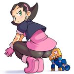  ass black_hair breasts covered_nipples cropped_jacket earrings gloves green_eyes hair_pulled_back hairband heart jewelry kakuchou kobun looking_back pantyhose pink_hairband robot rockman rockman_dash short_hair small_breasts squatting tron_bonne 