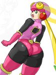  ass blonde_hair bodysuit green_eyes isu leotard looking_back lowres pink_bodysuit pink_leotard rockman rockman_exe roll_exe solo thighhighs when_you_see_it 