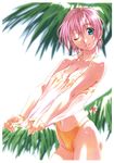  beach bikini blue_eyes breasts cameltoe cleavage copyright_request haritama_hiroki highres medium_breasts midriff navel non-web_source one_eye_closed pink_hair see-through shirt short_hair sleeveless sleeveless_shirt solo swimsuit wet wet_clothes wet_shirt 