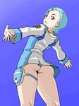  aqua_hair ass eureka eureka_seven eureka_seven_(series) from_below isu looking_back lowres no_panties short_hair solo thigh_strap upskirt 