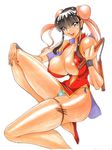  azuki_kurenai black_hair blue_eyes blue_panties breasts bun_cover china_dress chinese_clothes cleavage copyright_request covered_nipples double_bun dress g-string huge_breasts leg_up legs lipstick long_legs makeup navel no_bra nunchaku open_clothes open_dress panties shoes short_dress side-tie_panties smile solo thigh_strap thong underwear weapon 