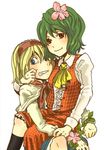  alice_margatroid ascot bad_id bad_pixiv_id blonde_hair blue_eyes charin cheek_pinching flower green_hair hair_flower hair_ornament hairband kazami_yuuka lowres multiple_girls pinching plaid plaid_skirt plaid_vest red_eyes ribbon short_hair skirt skirt_set tears touhou vest 