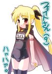  arm_belt bardiche black_legwear black_school_swimsuit blonde_hair blush cape cowboy_shot expressionless fate_testarossa hair_ribbon holding long_hair looking_at_viewer lyrical_nanoha mahou_shoujo_lyrical_nanoha name_tag one-piece_swimsuit red_eyes ribbon school_swimsuit sdwing sidelocks simple_background solo swimsuit thighhighs twintails white_background 