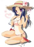  :d anklet bad_id bad_pixiv_id bikini blue_hair blush bracelet breasts cleavage flower full_body hat hat_flower head_tilt heart hibiscus jewelry kawashima_ami kiaki long_hair looking_at_viewer medium_breasts one-piece_tan open_mouth pink_bikini purple_eyes sandals shadow side-tie_bikini simple_background sitting smile solo strap_lift straw_hat swimsuit tan tanline toradora! wariza white_background 