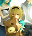  2girls bad_id bad_pixiv_id blonde_hair blush dress green_hair higurashi_no_naku_koro_ni houjou_satoko houjou_satoshi long_hair lowres mu-ko multiple_girls red_eyes short_hair sonozaki_shion stuffed_animal stuffed_toy teddy_bear 