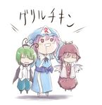  antennae cape cat chibi green_hair hat lowres multiple_girls mystia_lorelei nekoguruma o_o pink_eyes pink_hair saigyouji_yuyuko saliva simple_background touhou translated wings wriggle_nightbug 