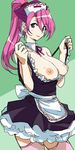  apron black_dress breasts copyright_request dress large_breasts long_hair maid michael nipples pink_hair pink_legwear ponytail skirt solo thighhighs undressing white_apron 