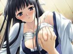  black_eyes black_hair blush bra bra_lift breast_grab breasts game_cg grabbing large_breasts lingerie long_hair migiwa_kazuha nipples open_clothes open_shirt ribbon shirt solo_focus suzuhira_hiro topless underwear yosuga_no_sora 