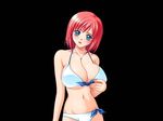  bikini blue_eyes blush bow breasts cleavage cross head_tilt inraku_no_ketsuzoku jewelry large_breasts necklace open_mouth red_hair short_hair solo swimsuit 