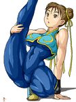  1girl bodysuit chun-li isu leg_lift lowres muscle ryuu_(street_fighter) skin_tight spread_legs street_fighter thick_thighs thighs unitard when_you_see_it 