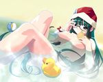  1280x1024 1girl ai_(popotan) bath blush book breasts female ferret glasses green_eyes green_hair hat long_hair navel nude popotan santa_hat solo unagi wallpaper watanabe_akio water 