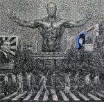  6+boys akihabara_(tokyo) arata_yokoyama city crosswalk male_focus monochrome multiple_boys muscle nude oil_painting_(medium) original people spot_color surreal tokyo_(city) traditional_media tree urban 