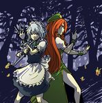  bad_id bad_pixiv_id between_fingers blue_eyes charin forest hairband hat hong_meiling izayoi_sakuya knife long_hair maid multiple_girls nature red_eyes red_hair ribbon short_hair silver_hair touhou 