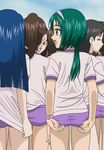  adjusting_buruma adjusting_clothes akimoto_komachi blue_hair buruma from_behind green_eyes green_hair gym_uniform hairband long_hair minazuki_karen multiple_girls natsuhina precure shirt_tug yes!_precure_5 