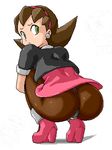  ass brown_hair crotch_plate green_eyes hair_pulled_back isu kobun looking_back lowres pantyhose rockman rockman_dash squatting tron_bonne when_you_see_it 