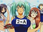  4girls bikini breasts brown_hair cap chouhi_ekitoku cleavage closed_eyes glasses green_eyes green_hair ikkitousen ikkitousen_great_guardians kanu_unchou large_breasts long_hair open_mouth purple_hair ryofu_housen ryuubi_gentoku school_swimsuit swimsuit very_long_hair 