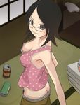  armpits bare_shoulders black_hair breasts brown_eyes butt_crack cleavage downblouse downpants from_above fujiyoshi_harumi glasses haruyama_kazunori medium_breasts no_panties pubic_hair sayonara_zetsubou_sensei short_hair solo tank_top 