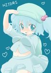  arm_behind_back bad_id bad_pixiv_id blue_eyes blue_hair breasts character_name hair_bobbles hair_ornament hat heart ica kawashiro_nitori key medium_breasts midriff navel salute short_hair smile solo touhou twintails two_side_up 