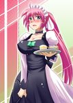  blue_eyes blush breasts cake cleavage cup food hairband huge_breasts long_hair lyrical_nanoha mahou_shoujo_lyrical_nanoha mahou_shoujo_lyrical_nanoha_a's maid mug pastry pink_hair ponytail signum solo tray zerosu_(take_out) 