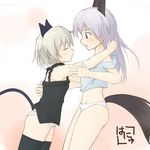  alternate_hair_color animal_ears blush bottomless closed_eyes eila_ilmatar_juutilainen grey_hair hanyu hug image_sample imminent_kiss lingerie md5_mismatch multiple_girls off_shoulder pixiv_sample purple_hair sanya_v_litvyak signature simple_background strike_witches surprised tail thighhighs underwear world_witches_series yuri 