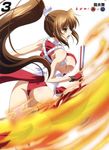  ass breasts brown_hair cleavage closed_fan fan fatal_fury fire folding_fan highres izumi_mahiru japanese_clothes large_breasts long_hair panties pelvic_curtain ponytail queen's_gate shiranui_mai sideboob solo the_king_of_fighters underwear 