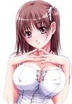  blush breasts brown_hair cleavage covered_nipples highres jpeg_artifacts large_breasts nanno_koto original purple_eyes simple_background solo white_background 