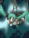  ball_gag bdsm bondage boots bound crotch_rope gag gagged green_eyes green_hair hatsune_miku hogtie lilish long_hair necktie rope shibari shibari_over_clothes solo suspension sweat thigh_boots thighhighs twintails very_long_hair vocaloid 
