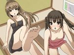  barefoot blush breasts brown_hair chestnut_mouth downblouse feet flat_chest highres large_breasts long_hair long_toenails minami-ke minami_chiaki minami_kana multiple_girls nipple_slip nipples no_bra panties pov_feet siblings sisters soles toe_scrunch toenails toes tomihero twintails underwear 