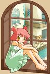  blush brown_eyes dress gen_3_pokemon latias leg_hug personification pink_hair pokemon short_hair sitting sitting_in_window solo two_side_up window 