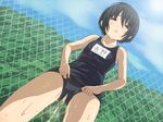  black_school_swimsuit flat_chest highres minami-ke one-piece_swimsuit pee peeing peeing_self school_swimsuit short_hair solo swimsuit tears tomihero translated wet yoshino_(minami-ke) 