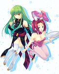  animal_ears boots breasts bunny_ears bunny_girl bunny_tail bunnysuit c.c. cleavage code_geass detached_sleeves green_hair kallen_stadtfeld leotard long_hair medium_breasts multiple_girls pantyhose pink_legwear pink_leotard red_hair shinia short_hair tail thigh_boots thighhighs tray wrist_cuffs yellow_eyes 