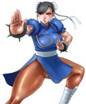  black_hair bracelet bun_cover china_dress chinese_clothes chun-li double_bun dress eyeshadow fighting_stance jewelry legs lips makeup matoyama pantyhose pelvic_curtain sash solo spiked_bracelet spikes street_fighter thighs 