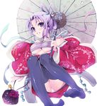  breasts feet japanese_clothes kasai_shin kimono large_breasts oriental_umbrella original panties pantyshot purple_eyes purple_hair sarashi solo thighhighs umbrella underboob underwear 